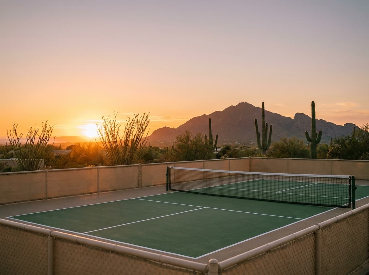 An outdoor pickleball court at golden hour.